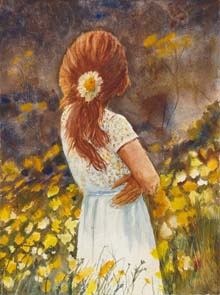 Watercolor Painting oF a pensive girl among flowers (Painitng by Larry Weiss)