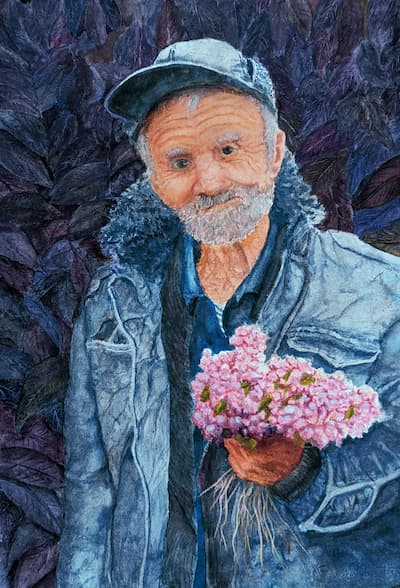 Old Gentlemen carrying hand picked flowers to his love (Painitng by Larry Weiss)