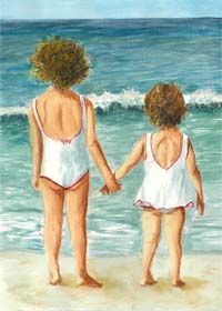 Young sisters at the beach standing in awe at the ocean. (Painitng by Larry Weis)