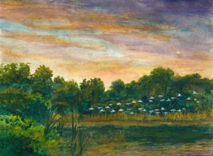 Painting of a view of ParkRidge Golf Course with a flight of white birds. (By Larry Weis)